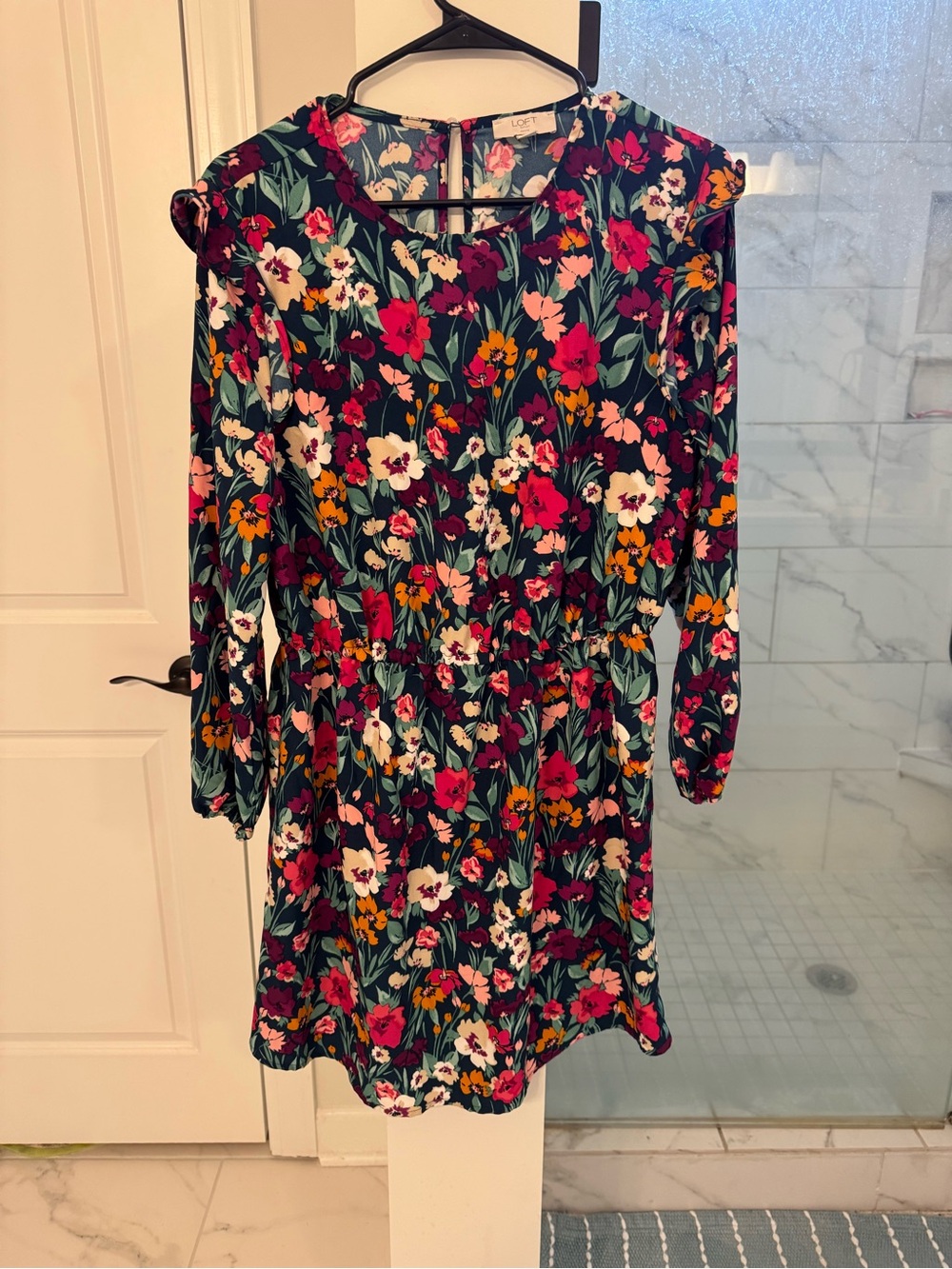 LOFT Navy Floral Fit-and-Flare Dress with Pink, White & Mustard Blooms